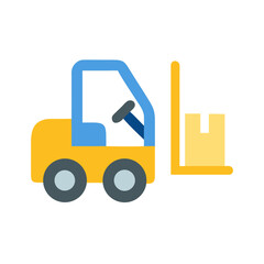 Simplified forklift truck holding a box on White Background