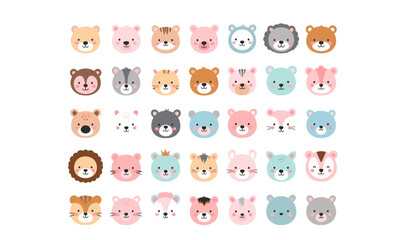 A delightful set of 35 pastel animal faces, each expressing cuteness and joy, ideal for stickers or icons