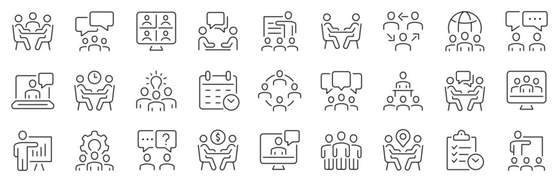Meeting thin line icons set. Business meeting, seminar, conference, interview icon. Editable stroke. Vector