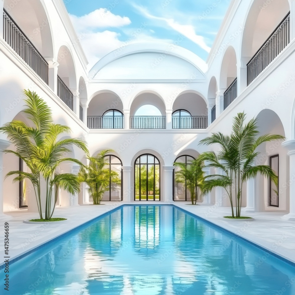 Poster luxury courtyard with swimming pool and palm trees in a modern white building; eye-level view of res