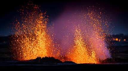 of lava erupting skyward from cracks in a volcanic field
