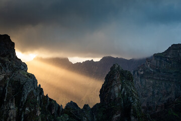 view of the mountains and rocks near Arieiro peak - the highest point of Madeira island, Portugal