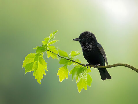 Blackbird on branch, spring leaves