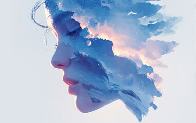 female double exposure portrait blended with cosmic elements galaxy trees clouds and stars representing nature goddess emotion and spiritual connection
