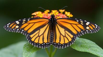 Fototapeta premium A beautiful monarch butterfly resting on a colorful cluster of flowers
