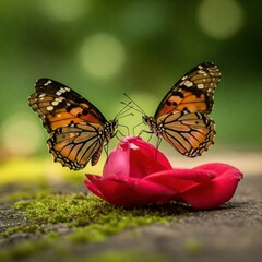 Fototapeta premium Two butterflies are sitting on a rose petal facing each other.