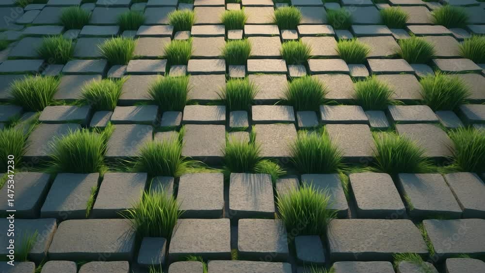 Poster paving stones in a lattice pattern with grass filling the gaps.