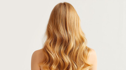 Naklejka premium Beautiful woman with wavy silky long blond hair on neutral background. Hair salon beauty shop. Cosmetics fashion concept