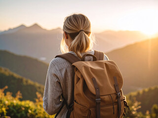 Young Woman with Backpack Watching Mountain Sunrise &ndash; Realistic Mini Adventure Scene