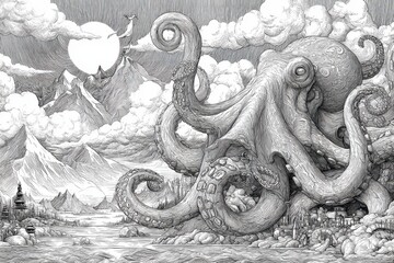 Monstrous octopus dominates a fantastical landscape drawing.