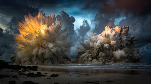 explosions on the ocean surface with water plumes and steam clouds