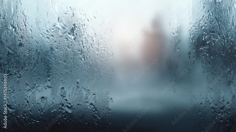 Poster moody windowpane with condensation close up abstract view of cityscape in background