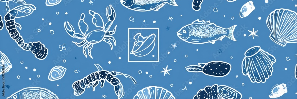 Poster seamless line icons of seafood arranged on a blue background with a white rectangle centerpiece for 