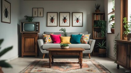 Classic TV displayed on a wooden stand next to a comfy couch in a stylish living space.