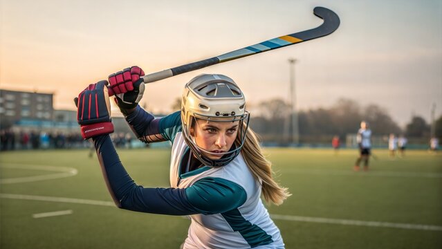 Female player preparing to strike the ball with hockey stick on the field