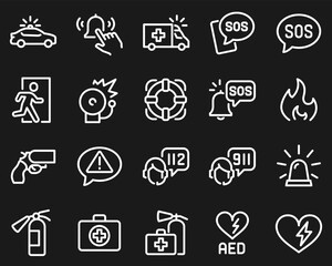 WebSimple Set of Emergency Related Vector Line Icons. Contains such Icons as Automated external defibrillator, Siren, Emergency phone number and more white