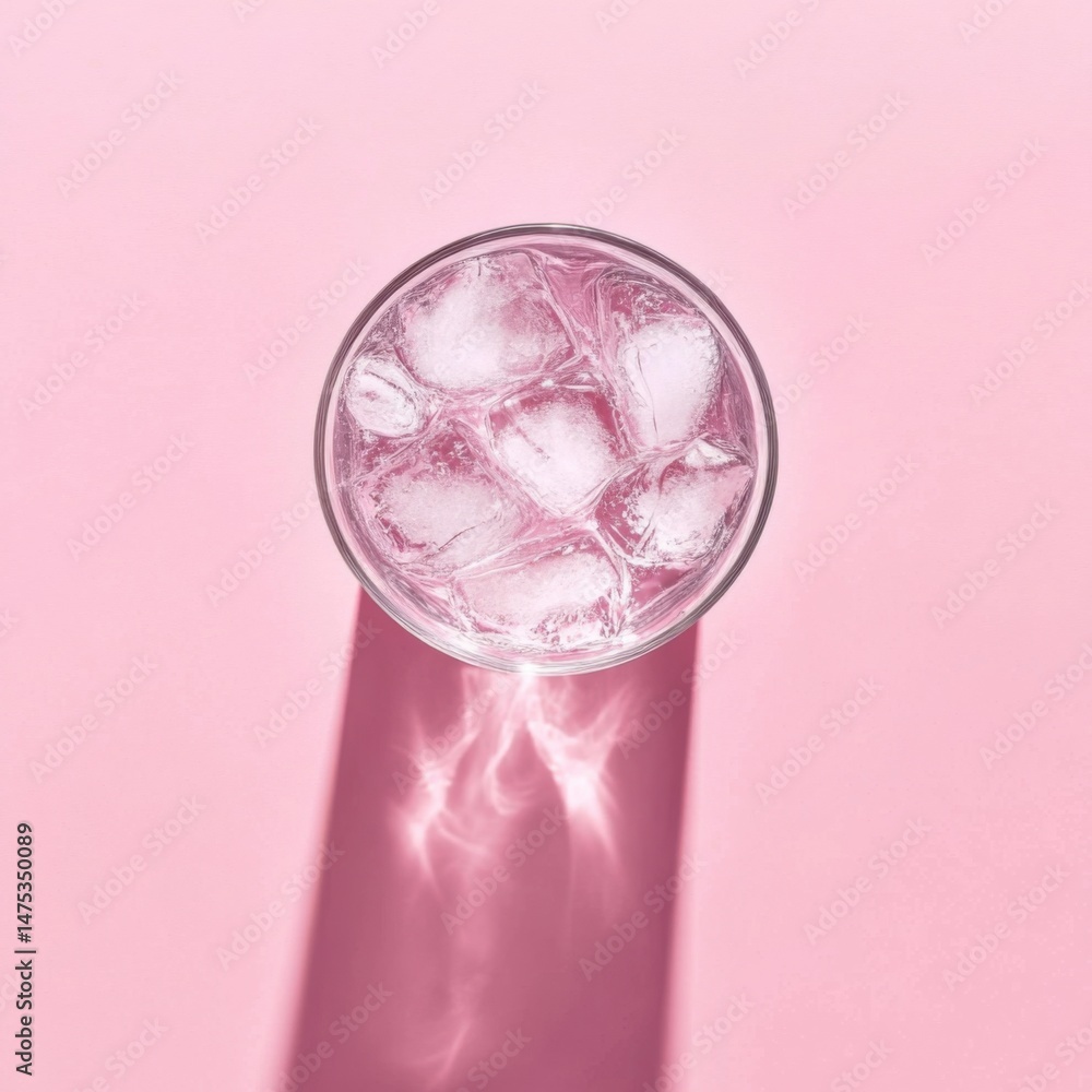 Poster refreshing drink with ice cubes in a glass on a pink background seen from above casting a long shado