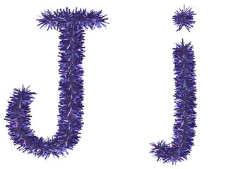 Shiny purple tinsel in letter J. 3d rendering.