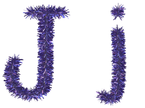 Shiny purple tinsel in letter J. 3d rendering.