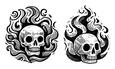 flaming skull vector illustrations in black tattoo style