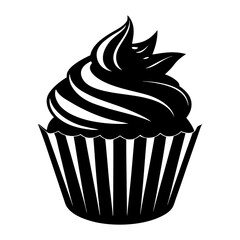 Illustration of a black and white cupcake with frosting and striped wrapper design element vector