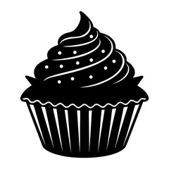 Illustration of a black cupcake with frosting and sprinkles on a white background design element