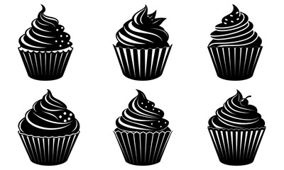Illustration of six black and white cupcakes with different frosting styles and decorations