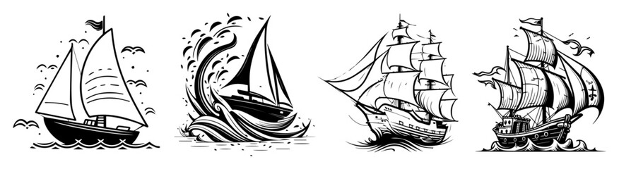 sailing ship and boat illustrations in black outline tattoo style
