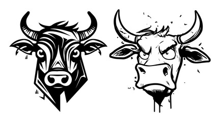 bull and cow head illustrations in bold black vector style