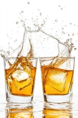 Whiskey splash photography of two glasses with ice cubes on white background studio shot action close up