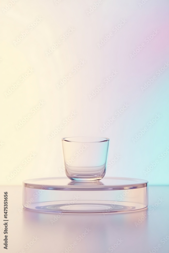 Poster a minimalistic design featuring a clear glass cup on a translucent circular platform with colorful g