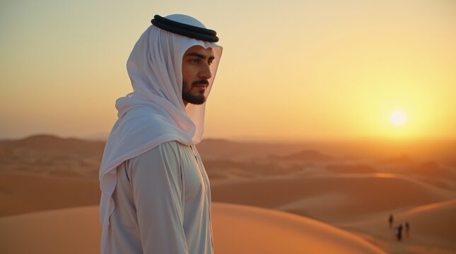 Man in traditional thobe standing proudly in desert setting

