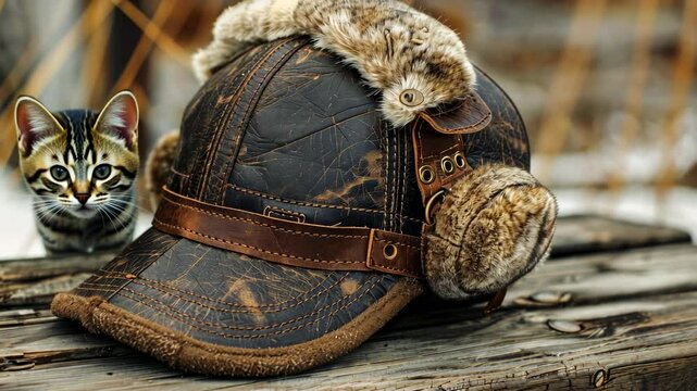 Rustic Leather Trapper Hat with Kitten