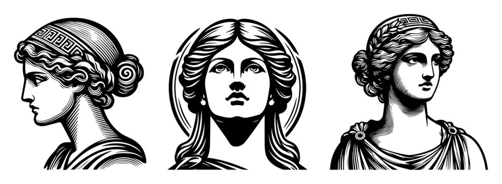 greek goddess head vector illustrations in classical statue style