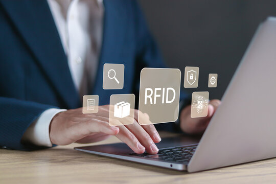 RFID, Radio Frequency Identification concept. Electronic data storage system that enhances computational capabilities and data security.
