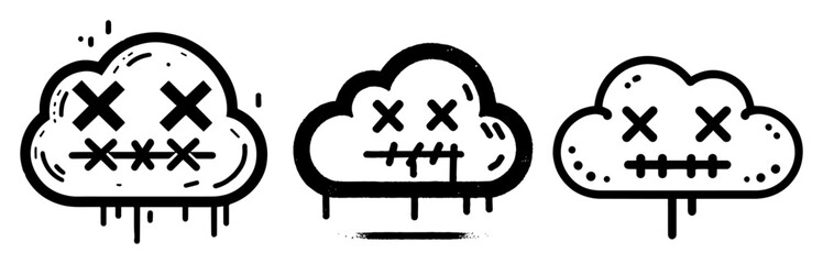 funny dead cloud face icons in cartoon graffiti vector style