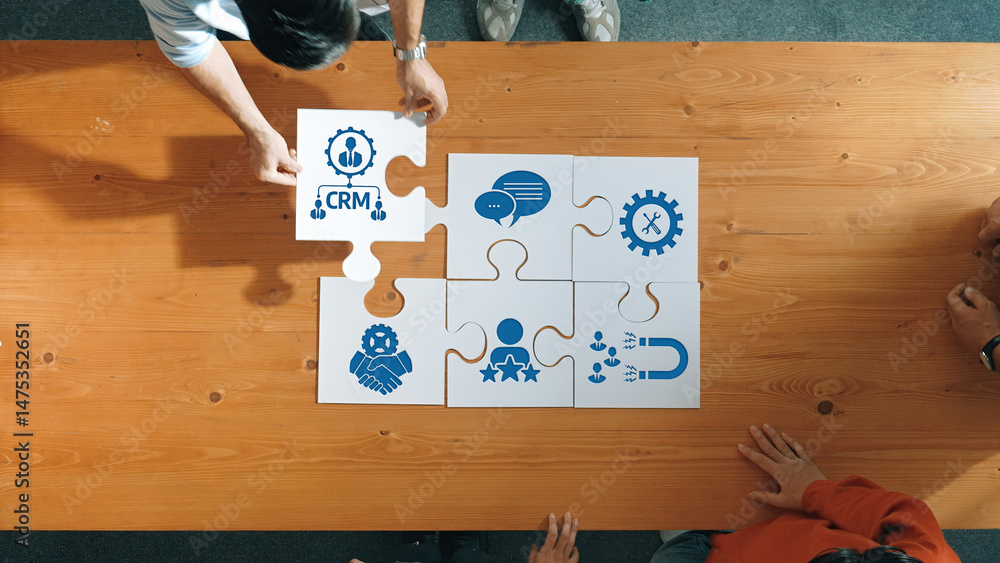 Poster a dynamic scene capturing diverse individuals collaboratively assembling a puzzle with crm-related i