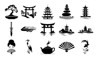japanese culture icons set in minimal black silhouette style
