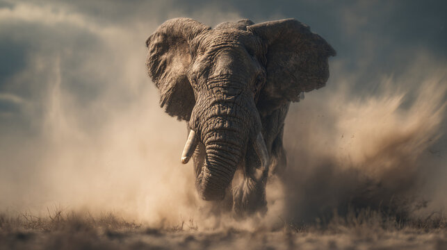 photorealistic elephant charging toward the camera through dust clouds in wild nature environment powerful frontal wildlife portrait with intense motion
