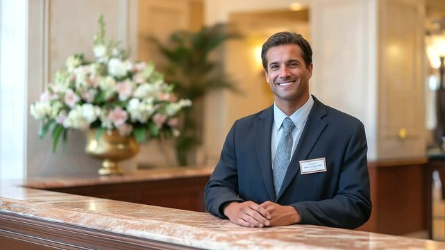 Elegant hotel lobby featuring a welcoming concierge ready to assist guests.