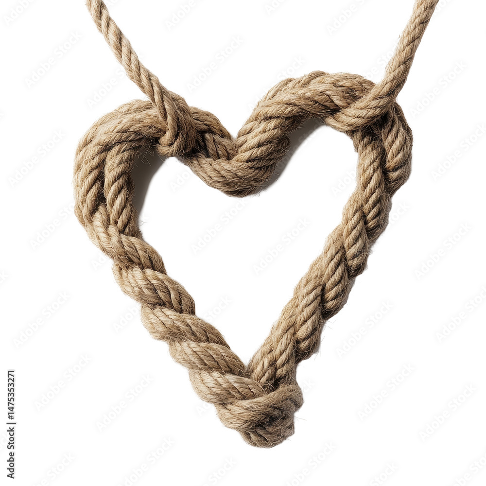 Poster rope tied into heart shape on transparent background representing love and affection, rope with hear