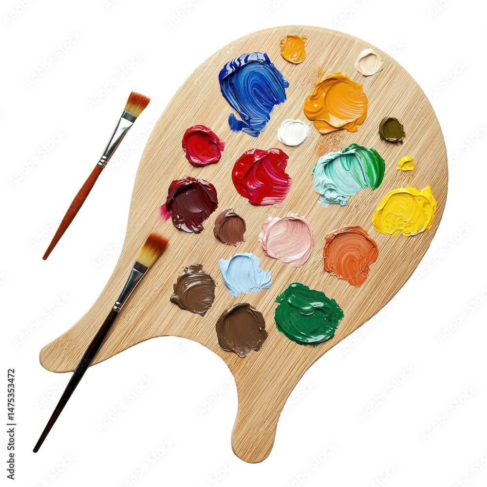 Poster colorful wooden art palette with various paint blobs and brushes for creative painting activities, w