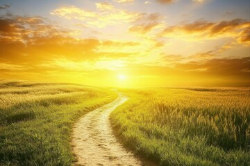 Fototapeta premium Path through field at sunset leading to bright light, for backgrounds and motivational imagery.