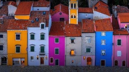Colorful buildings with tiled roofs form a charming street scene