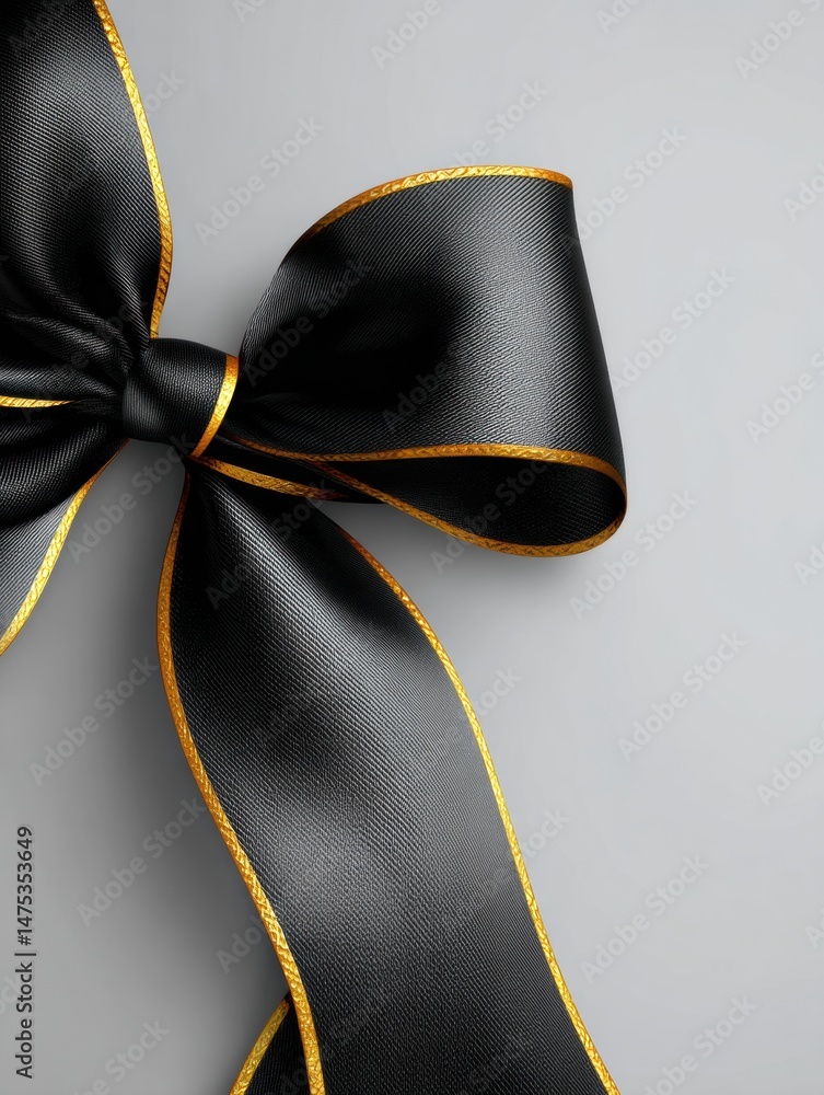 Poster close-up view of a black ribbon bow with gold trim set against a muted background for a decorative t