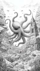 Fototapeta premium Massive underwater octopus above ruined city structures.