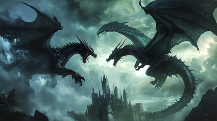Obraz premium Clash of the Titans: Two imposing black dragons locked in a fierce aerial battle, silhouetted against a dramatic sky with a mysterious castle looming in the distance. Their scales gleam under a dark.