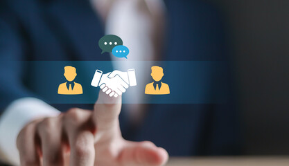 Negotiation concept. Businessman touching with handshake icon for negotiation, agreement, cooperation, business partnership.