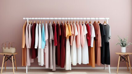 stylish interior of modern clothing with clothes and rack