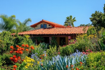 House with orange tile roof surrounded by lush garden for real estate and architecture design.